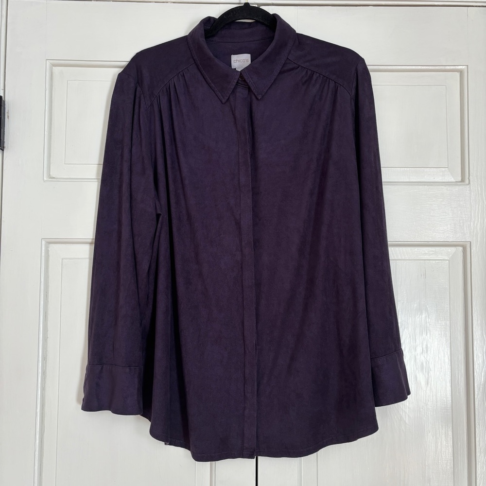 Chico's Size 3 Deep‎ Purple Faux Suede Hidden Button Down Shirt Chicos Size XL